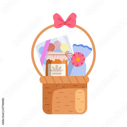 Present Basket Full of Gifts, Birthday, Xmas, Wedding, Anniversary Celebration Design Element Vector Illustration