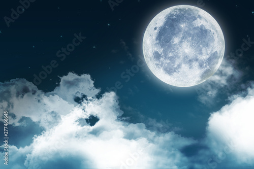 Super moon. a bright full moon and stars above the seascapes at night. Background to the tranquility of nature, outdoor at night.