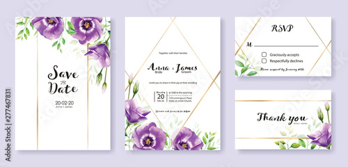 Wedding Invitation card, save the date, thank you, rsvp template. Vector. purple lisianthus flower. Watercolor style.