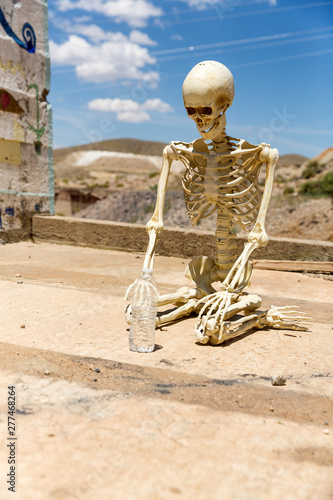 Skeleton worshipping a bottle of water at Ludwig mine Nevada ruins