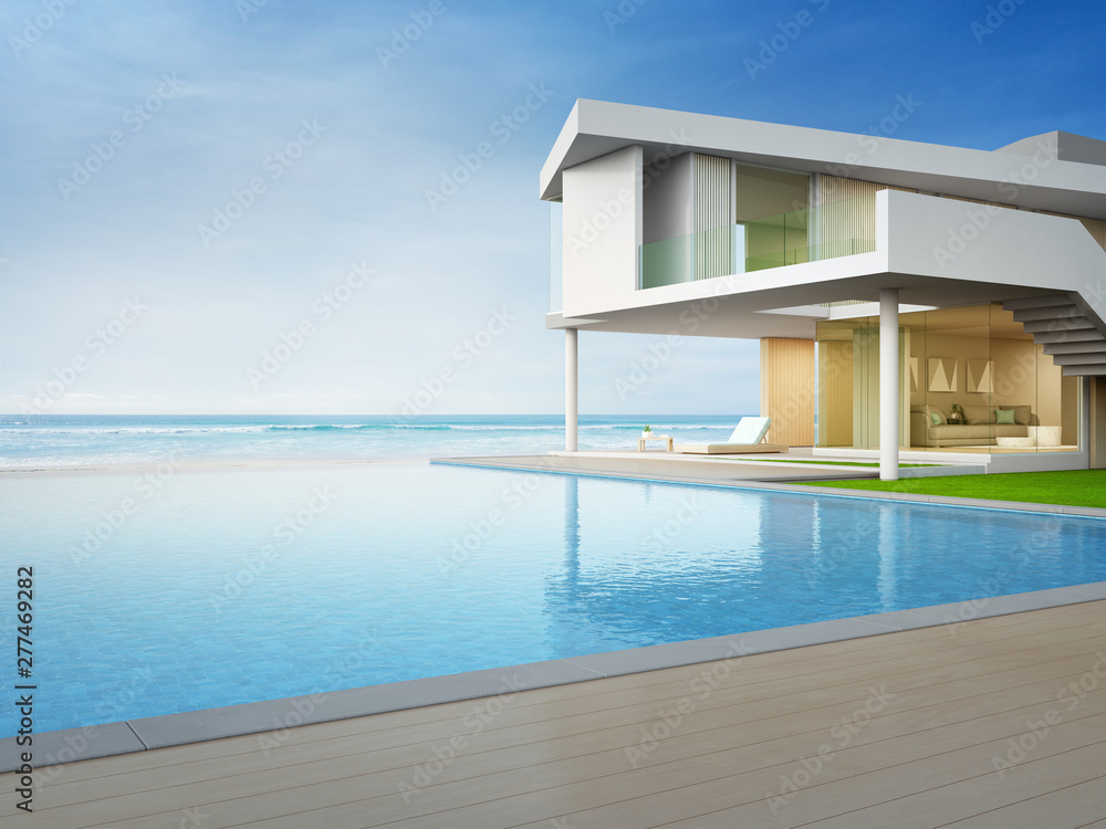 Fototapeta premium Luxury beach house with sea view swimming pool and terrace in modern design. Empty wooden floor deck at vacation home or hotel. 3d illustration of contemporary holiday villa exterior.