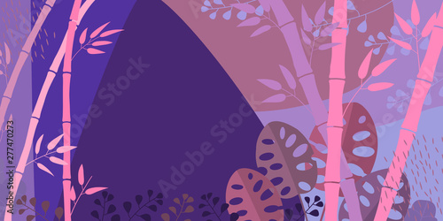 Trendy purple horizontal background with tropical vegetation. Exotic foliage of jungle, monstera, bamboo, place for text. Botanical illustration for advertising.