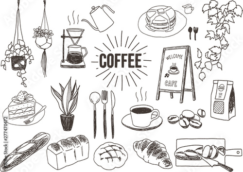  Coffee and Bakery set. Hand drawn vector illustration.