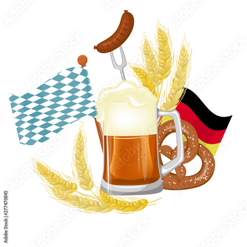 Oktoberfest festival poster, splashing beer with pretzel and wheats isolated