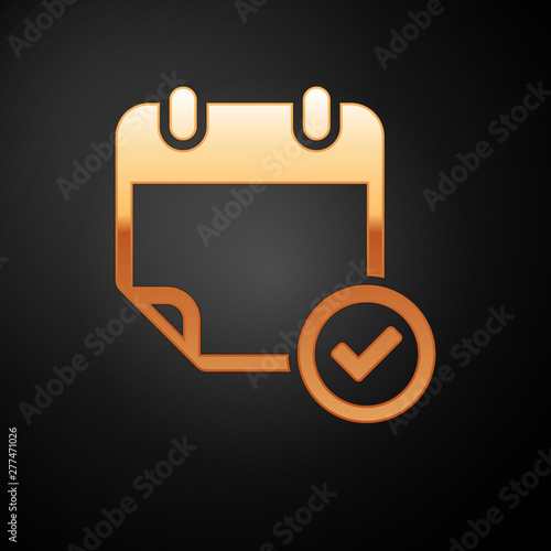 Gold Calendar with check mark icon isolated on black background. Vector Illustration