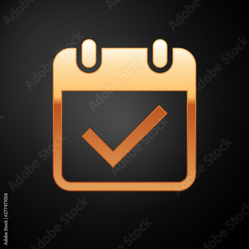 Gold Calendar with check mark icon isolated on black background. Vector Illustration