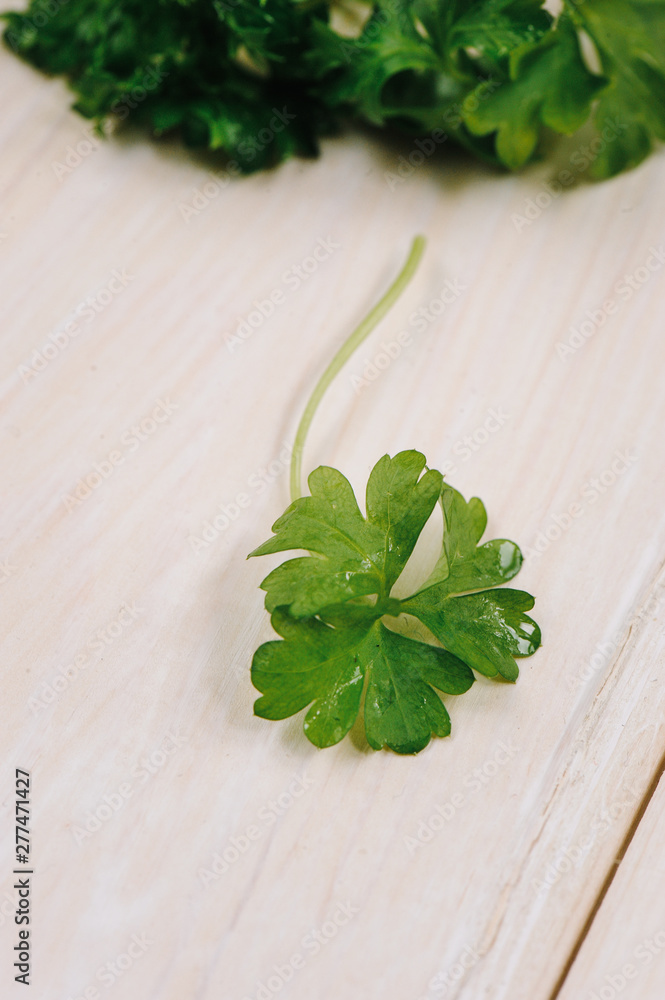 Parsley bunch on wood table background. Fresh parsley on wooden background. closeup, top view. vegetarian or vegan food overhead Parsley bunch on wood table background. Fresh parsley on wooden background. closeup, top view. vegetarian or vegan food overhead