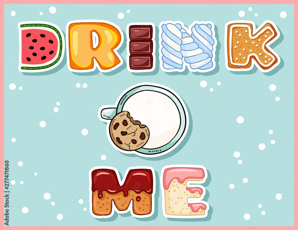 Naklejka premium Drink me cute funny postcard with cup of milk. Cute mug with tempting inscription flyer. Vector illustration is suitable for greeting cards, posters, menus, prints for clothes.