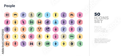 50 people vector icons set in a colorful hexagon buttons