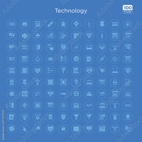 100 blue round technology vector icons set such as colory theory, content curation, content marketing, conversion, conversion rate optimization, css3, data architecture, data modelling.