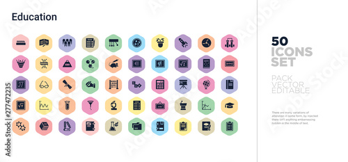 50 education vector icons set in a colorful hexagon buttons