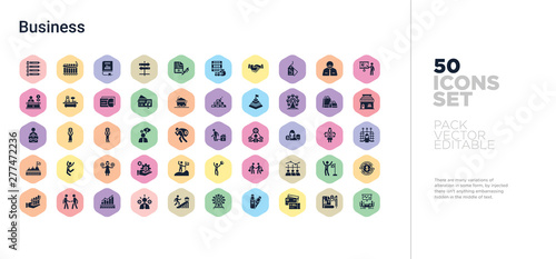 50 business vector icons set in a colorful hexagon buttons