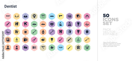 50 dentist vector icons set in a colorful hexagon buttons
