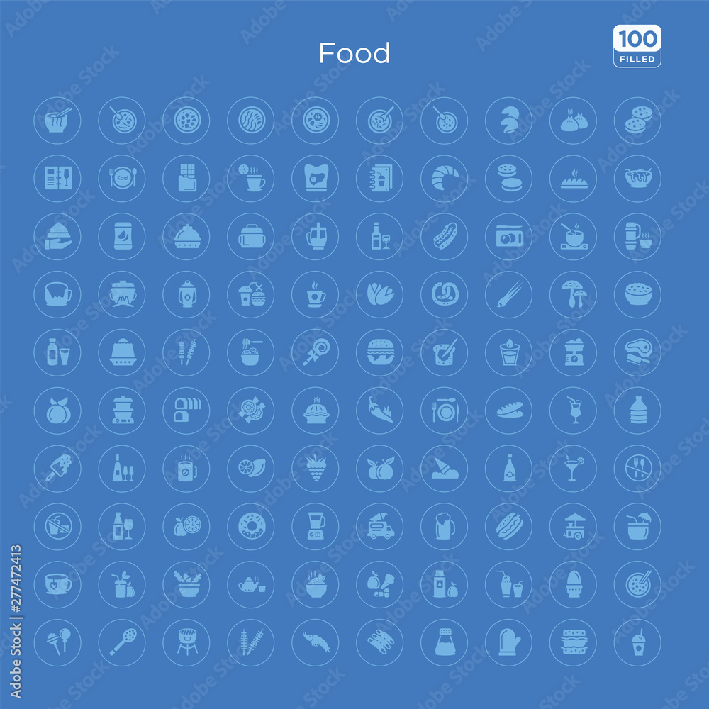100 blue round food vector icons set such as mapo tofu, boiled egg, fresh smoothie, drink water, vitamins, organic food, tea ceremony, healthy nutrition.