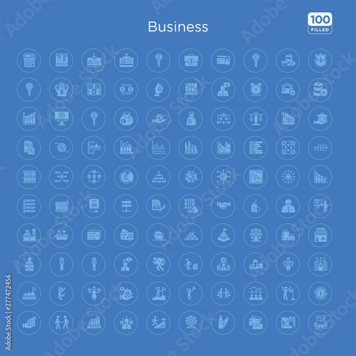100 blue round business vector icons set such as return of investment, man succesing, increase team work, work parteners, success man with suitcase, man success, hand with money gear, woman with