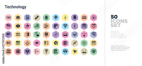 50 technology vector icons set in a colorful hexagon buttons