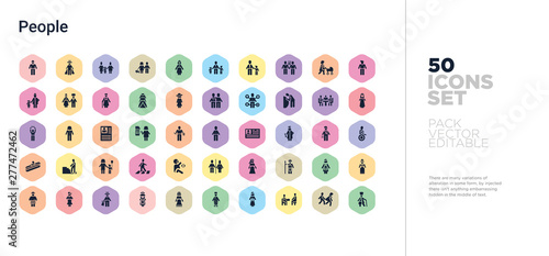50 people vector icons set in a colorful hexagon buttons