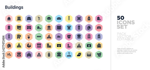 50 buildings vector icons set in a colorful hexagon buttons