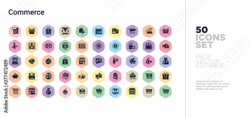 50 commerce vector icons set in a colorful hexagon buttons