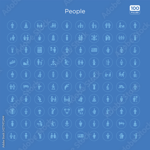 100 blue round people vector icons set such as devil mask, pacient, old man, argentina, costa rica, baby with diaper, fencing attack, baby diaper.