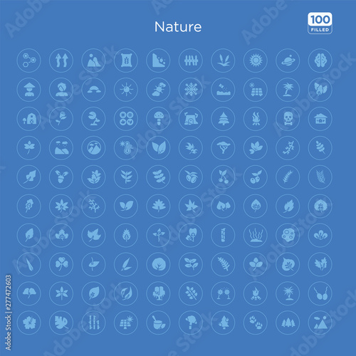 100 blue round nature vector icons set such as fertilize clinic, yucca, camping bonfire, pollen, american mountain ash, black willow, falcate, ovate.