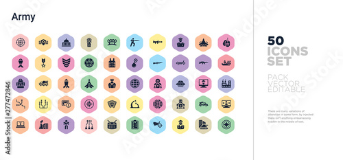50 army vector icons set in a colorful hexagon buttons
