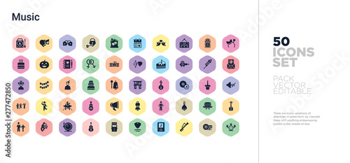 50 music vector icons set in a colorful hexagon buttons