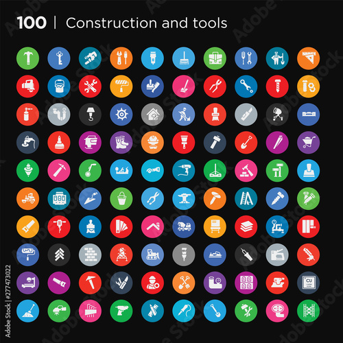 100 round colorful construction and tools vector icons set such as soil, copper, sanding machine, glass wall, relief valve, shovel and fork, mechanic working, jackknife
