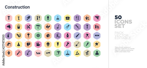 50 construction vector icons set in a colorful hexagon buttons