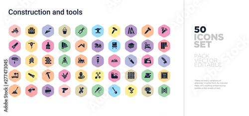50 construction and tools vector icons set in a colorful hexagon buttons