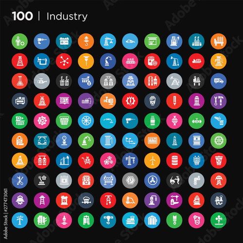 100 round colorful industry vector icons set such as eco windmill, geothermal, fuel filling, machinery, robotic arm,, hydro power generation, sheave, coal wagon
