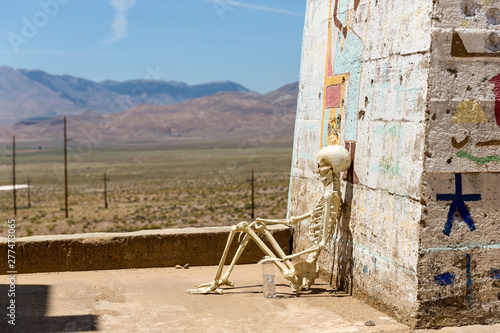 Skeleton hanging out at Ludwig mine Nevada ruins