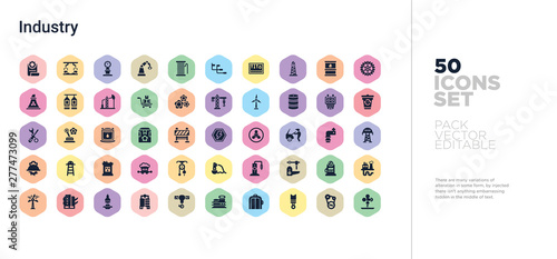50 industry vector icons set in a colorful hexagon buttons