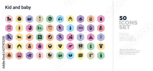 50 kid and baby vector icons set in a colorful hexagon buttons