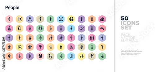 50 people vector icons set in a colorful hexagon buttons
