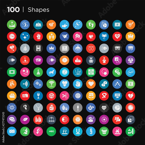 100 round colorful shapes vector icons set such as rounded rectangle  minus front  speech bubble black  rotate circle  character  y shaped intersection  circles  four squares