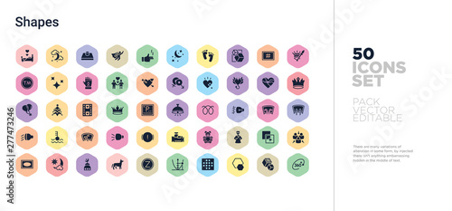 50 shapes vector icons set in a colorful hexagon buttons