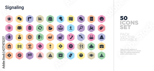 50 signaling vector icons set in a colorful hexagon buttons
