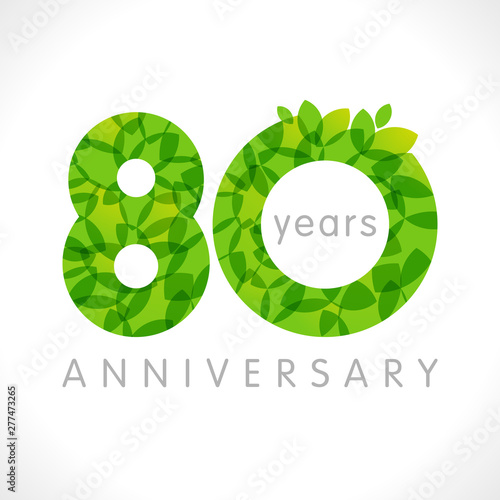 80 th anniversary numbers. 80 years old logotype. Age congrats, congratulation idea with leaves. Isolated abstract graphic design template. Herbal digits, up to 80% percent off discount. Eco label.