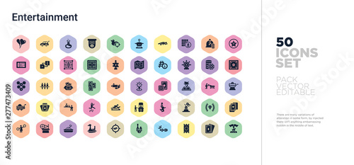 50 entertainment vector icons set in a colorful hexagon buttons