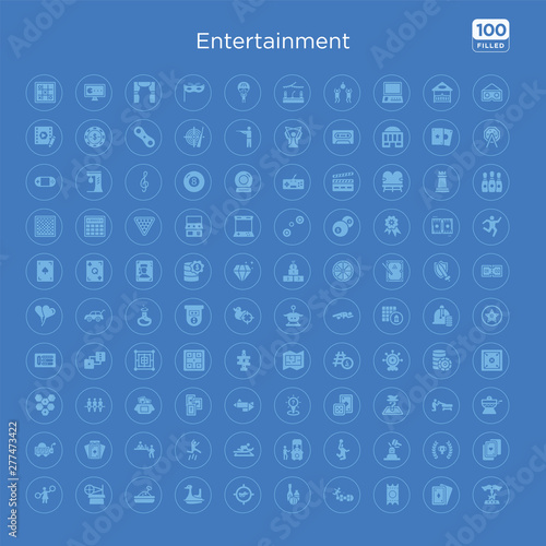 100 blue round entertainment vector icons set such as card game, glory, whack a mole, dunk, ticket booth, toboggan, jump, gambler.
