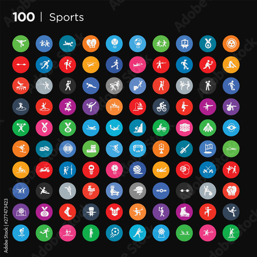 100 round colorful sports vector icons set such as jumping ski, skating, excercise, ice skates, batter, home run, chest guard, shin guards