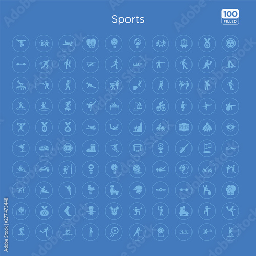 100 blue round sports vector icons set such as skating, excercise, ice skates, batter, home run, chest guard, shin guards, ankle.