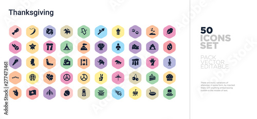 50 thanksgiving vector icons set in a colorful hexagon buttons