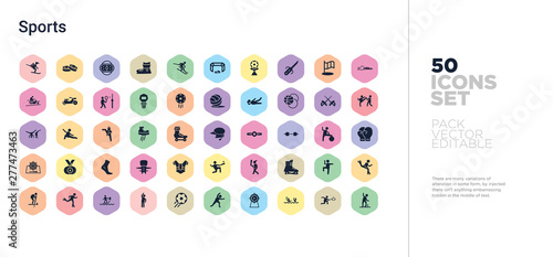 50 sports vector icons set in a colorful hexagon buttons