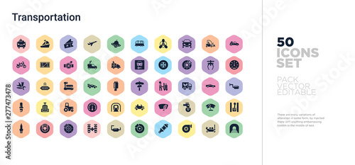 50 transportation vector icons set in a colorful hexagon buttons
