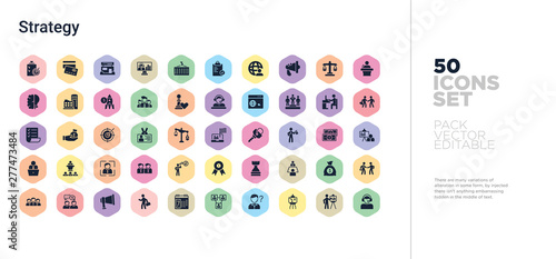 50 strategy vector icons set in a colorful hexagon buttons