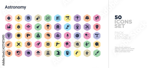 50 astronomy vector icons set in a colorful hexagon buttons