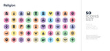 50 religion vector icons set in a colorful hexagon buttons