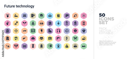 50 future technology vector icons set in a colorful hexagon buttons